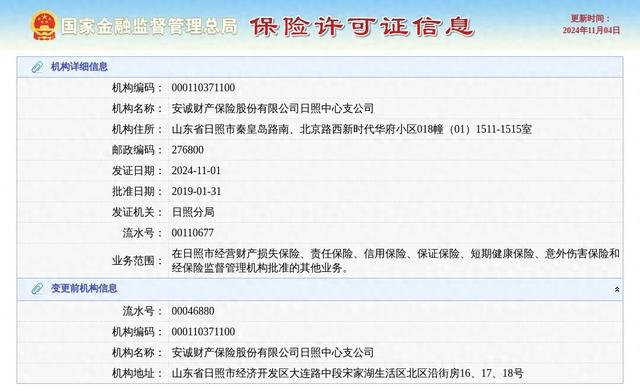 安诚财产保险股份有限公司日照中心支公司换发保险许可证,发证日期2024年11月1日