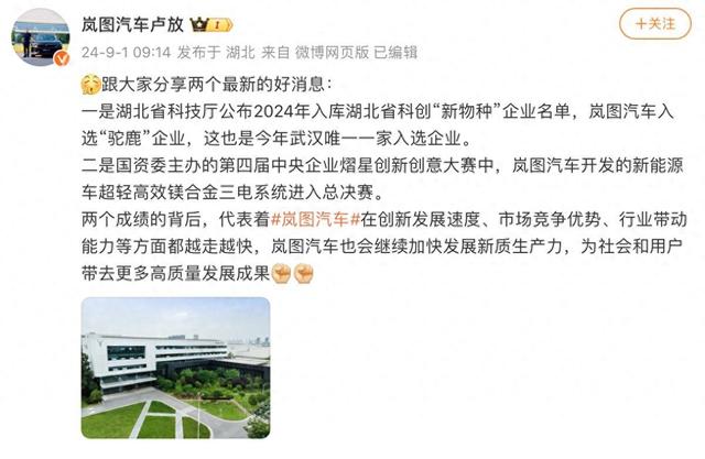 “新物种”名单公布,岚图汽车为武汉唯一入选“驼鹿”企业