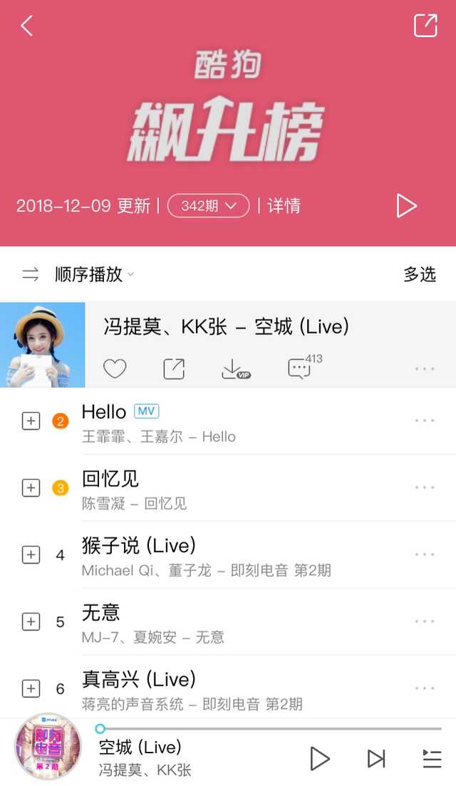 冯提莫演绎空灵电音《空城》夺酷狗飙升榜TOP1